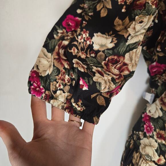 Vtg Floral Lace Bib 80s Midi Dress Shoulder Pads Modest Church 11 Medium USA - Picture 3 of 15